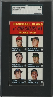 1968 Topps Plaks Checklist #1, Featuring Mickey Mantle – SGC Authentic
